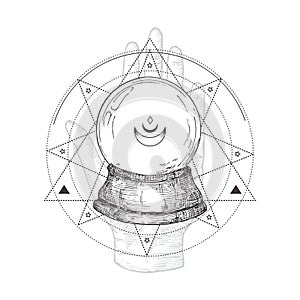 Abstract Occult Symbol, Vintage Style Logo or Tattoo Template. Hand Drawn Crystal Fortune Ball with Palm Hand Sketch