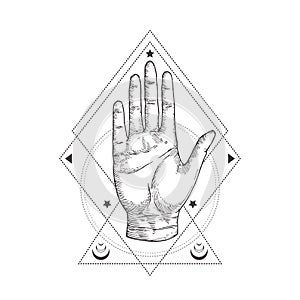 Abstract Occult Symbol, Vintage Style Logo or Tattoo Template. Hand Drawn Palm Hand Sketch Symbol and Geometric