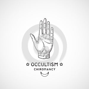 Abstract Occult Symbol, Vintage Style Logo or Tattoo Template. Hand Drawn Palm Hand Sketch. Palmistry or Chiromancy