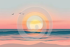 Abstract ocean sunset with wavy patterns. Digital art illustration of a seaside at dusk with flying birds. Peaceful