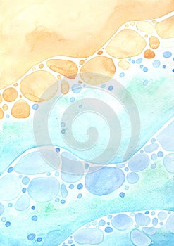 Abstract ocean wave on the sand beach watercolor background.