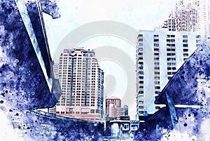 Abstract offices Building in the capital city on watercolor painting background. City on Digital illustration.