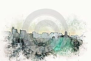 Abstract offices Building in the city on watercolor painting background.