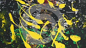 An abstract oil acrylic style digital artwork of black yellow green splashes