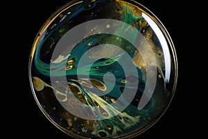 Abstract oil circle on black background, modern art. Generative AI