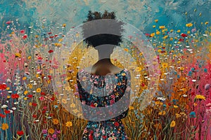 Abstract Oil Color Painting Rear View Afro Female Body Silhouette In Colorful Field of Wildflowers