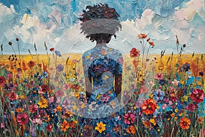 Abstract Oil Color Painting Rear View Afro Female Body Silhouette In Colorful Field of Wildflowers