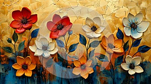 Abstract oil painting art. Original flower and leaves painting on golden texture. Impasto brush strokes. Enchanting view, harmony
