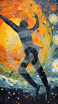 Abstract oil painting of a ballerina dancing on a colorful background