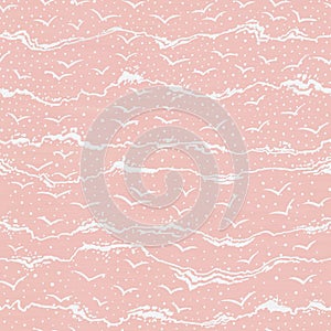 Abstract oil painting coral pink and white colored seamless pattern. See waves and seagulls on textured canvas background.