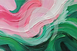 An abstract oil painting with green, pink, and white colors wallpaper