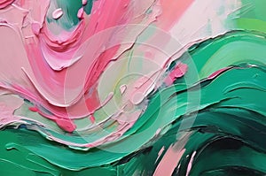 An abstract oil painting with green, pink, and white colors wallpaper.