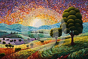 Abstract oil painting of a landscape of a valley in a forest of colorful trees, clouds and mountains in bright colors for children