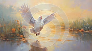 Abstract Oil Painting: Majestic White Chicken Landing In Marsh