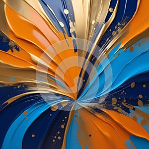 An abstract oil painting, a mural, a modern artwork, painted with spots and strokes, golden elements, orange, gold, blue