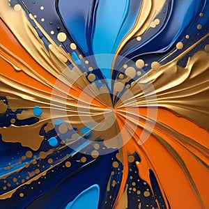 An abstract oil painting, a mural, a modern artwork, painted with spots and strokes, golden elements, orange, gold, blue