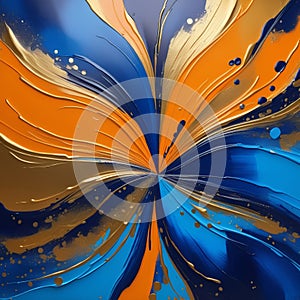 An abstract oil painting, a mural, a modern artwork, painted with spots and strokes, golden elements, orange, gold, blue