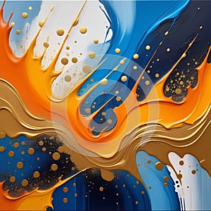 An abstract oil painting, a mural, a modern artwork, painted with spots and strokes, golden elements, orange, gold, blue