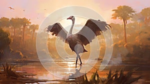 Abstract Oil Painting Of Ostrich Landing In Marsh
