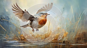 Abstract Oil Painting Of A Robin Landing In A Marsh