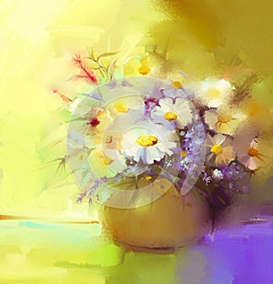 Abstract oil painting of spring flower. Still life of white gerbera, daisies