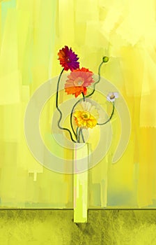 Abstract oil painting of spring flower. Still life of yellow, pink and red gerbera.