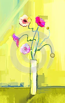Abstract oil painting of spring flower. Still life of yellow, pink and red gerbera.