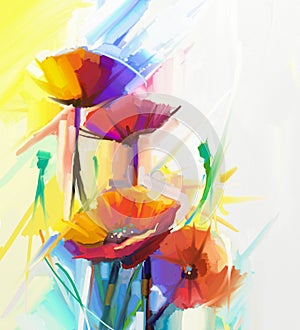 Abstract oil painting of spring flower. Still life of yellow, pink and red poppy.