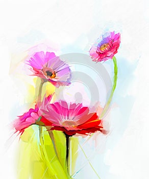 Abstract oil painting of spring flowers. Still life of yellow and red gerbera flower
