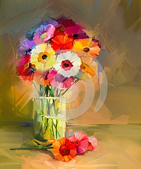 Abstract oil painting of spring flowers. Still life of yellow and red gerbera flower.