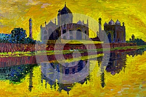 Abstract oil painting. Taj Mahal in Agra, India.