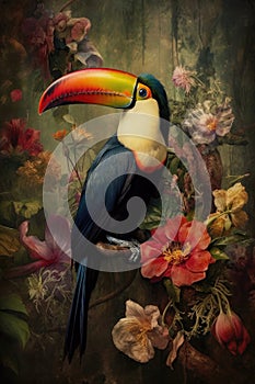 Abstract oil painting of a Tucan bird in a garden of spring flowers. Jungle rainforest bird with floral background.