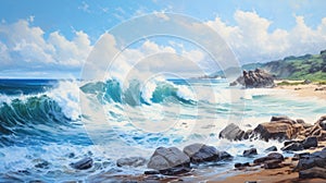 Abstract Oil Painting: Wave Crashing Against Rocks On Ocean Shore