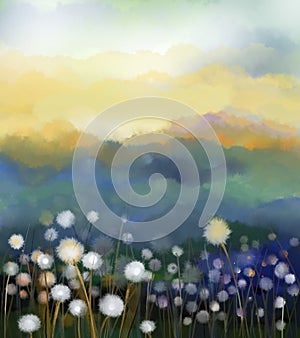 Abstract oil painting white flowers field in soft color