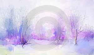 Abstract oil painting winter forest landscape. Semi abstract image of tree, field, meadow.