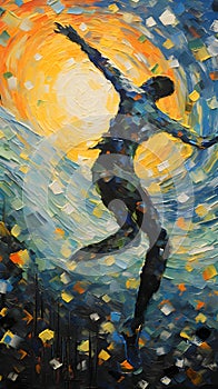 Abstract oil painting of a young woman dancing in the rays of the sun