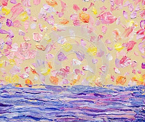 Abstract oil seascape. Romantic sunset over sea