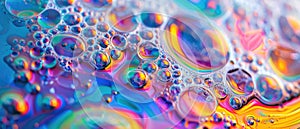 Abstract oil texture background, rainbow watercolor with foam, bubble pattern of liquid surface. Concept of color, iridescent,