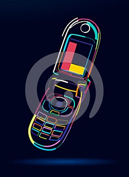 Abstract old vintage Flip Phone in retro style from multicolored paints. Colored drawing