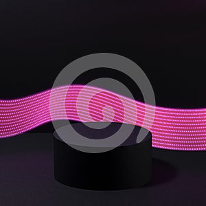 Abstract one black round podium for cosmetic products with glowing neon pink purple light stripe in motion, mockup
