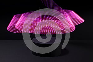 Abstract one black round podium for cosmetic products with glowing neon pink purple light swirl in motion, mockup