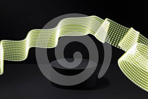 Abstract one black round podium for cosmetic products with glowing neon yellow light wave in motion, mockup