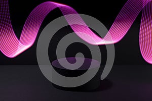 Abstract one black round podium with glowing neon pink purple light wave as motion trail for cosmetic products