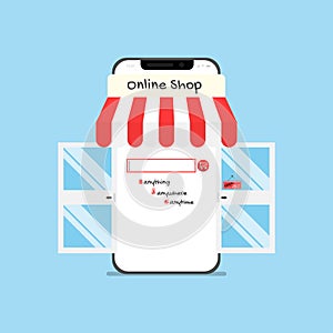 Abstract online shopping on smart phone application flat vector design.