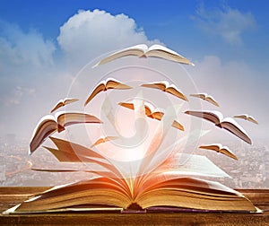 Abstract of open book flying as knowledge wisdom going to future photo