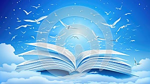 abstract of open book flying as knowledge wisdom going to future