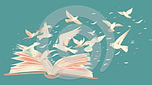 abstract of open book flying as knowledge wisdom going to future