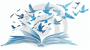 abstract of open book flying as knowledge wisdom going to future