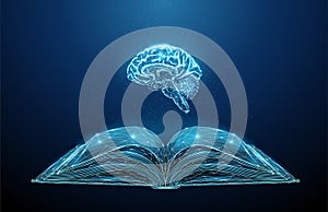 Abstract open book with low poly blue brain.