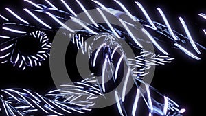 Abstract optical fiber lines on a black background. Design. Bright light neon blue signals quickly transmit data for